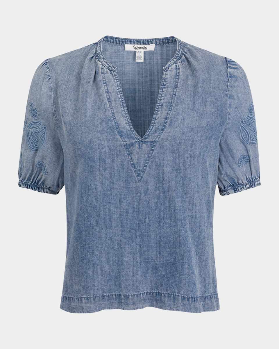 Cayden Embroidered Puff-Sleeve Blouse